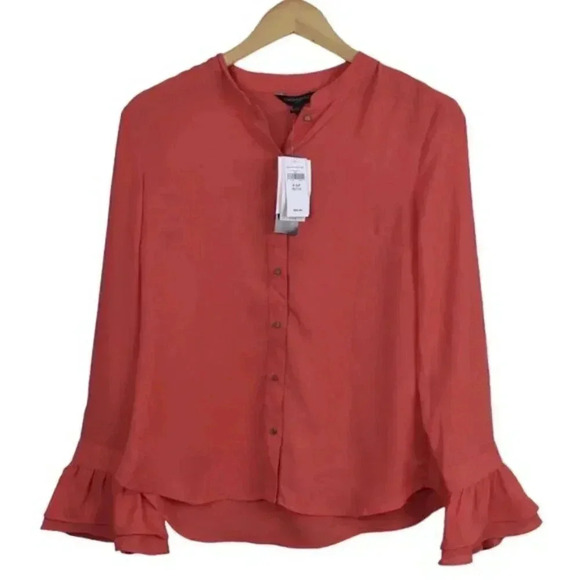 Banana Republic Factory  Ruffle Sleeve Blouse Shirt Gold Buttons Small Petite - Picture 2 of 11